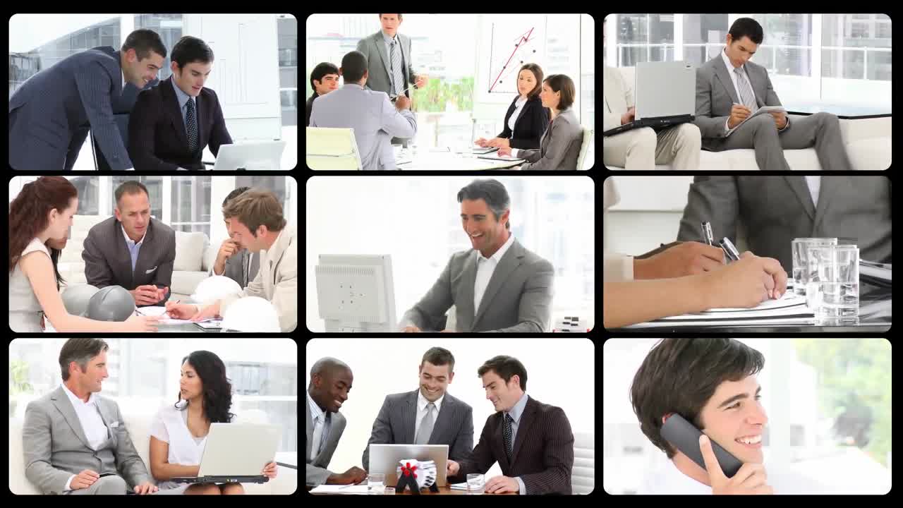 비즈니스에서 남성의 개념을 제시하는 몽타지