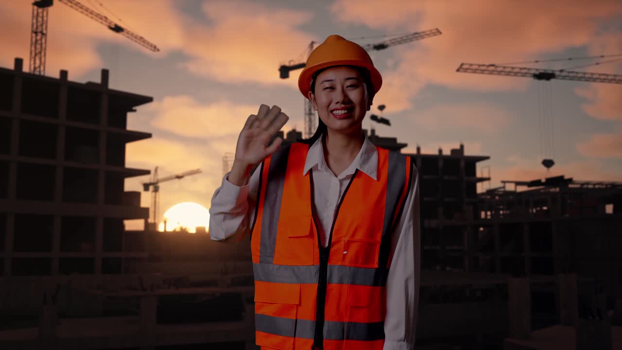Asian Female Engineer With Safety Helmet Smiling To Camera And Waving Hand Saying Bye While Standing At Construction Site in Progress to New House