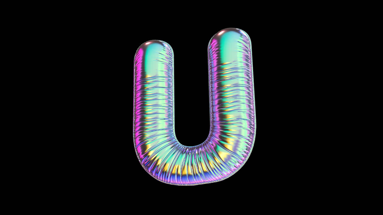 Lettera U 3D iridescente che ruota su sfondo nero