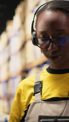 vertical video call center female employee assisting clients in a storehouse depot