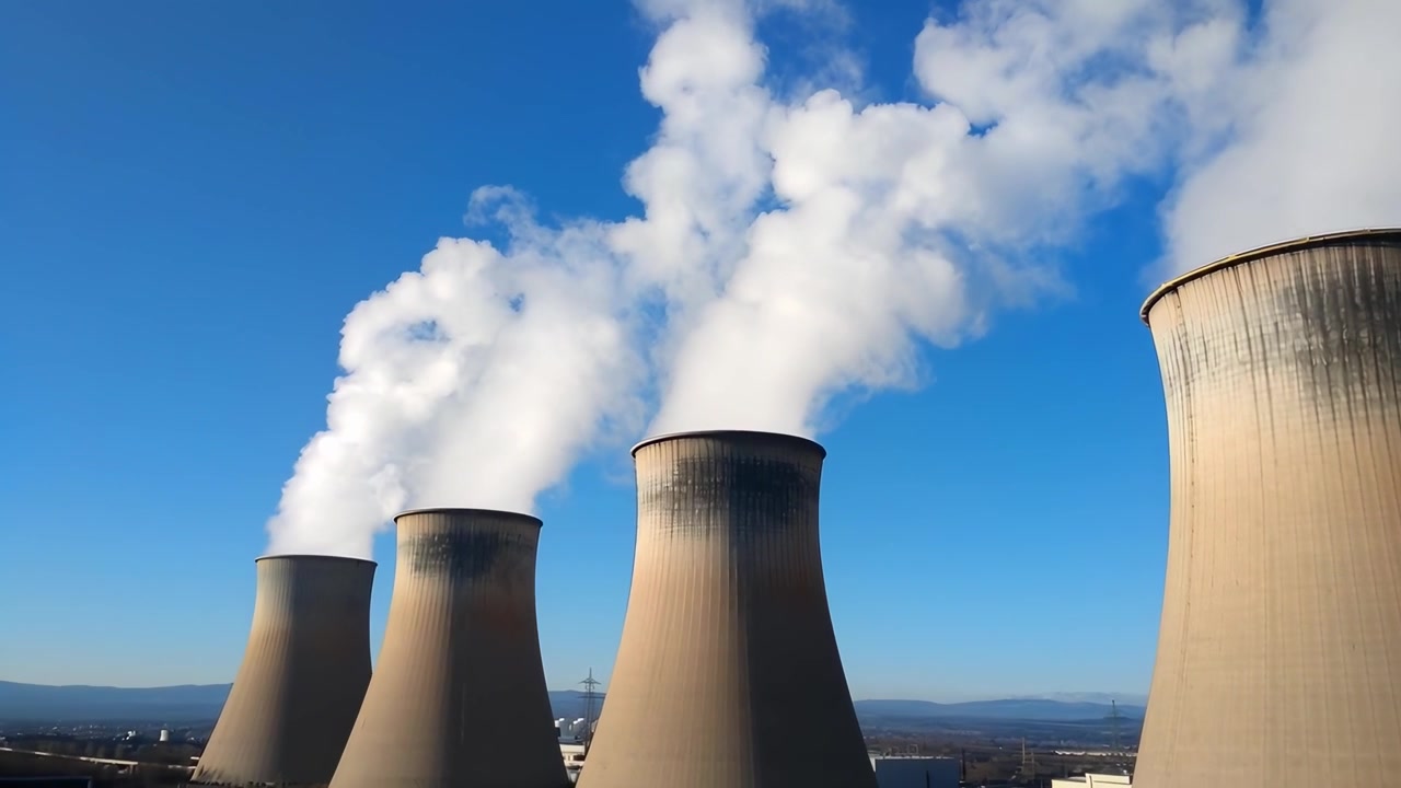 Torri di raffreddamento di una centrale elettrica industriale che emettono vapore nel cielo blu