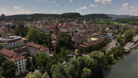 the capital of the canton of aargau, located on the aare river, known for its historic center and good transport connections. drone view