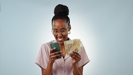 Phone,-winner-or-excited-black-woman-with-cash