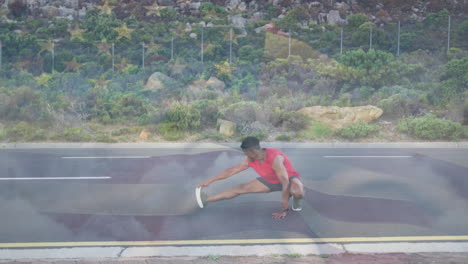 stretching on road, man in red shirt with nature animation overlay