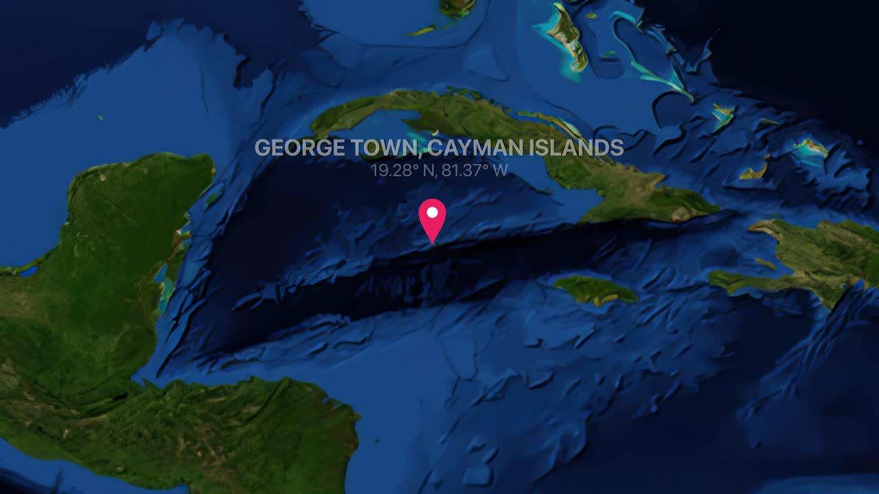 El mapa digital del mundo se acerca al mar Caribe para señalar George Town con sus coordenadas