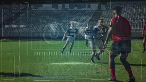 animation of data processing and rugby players over sports stadium