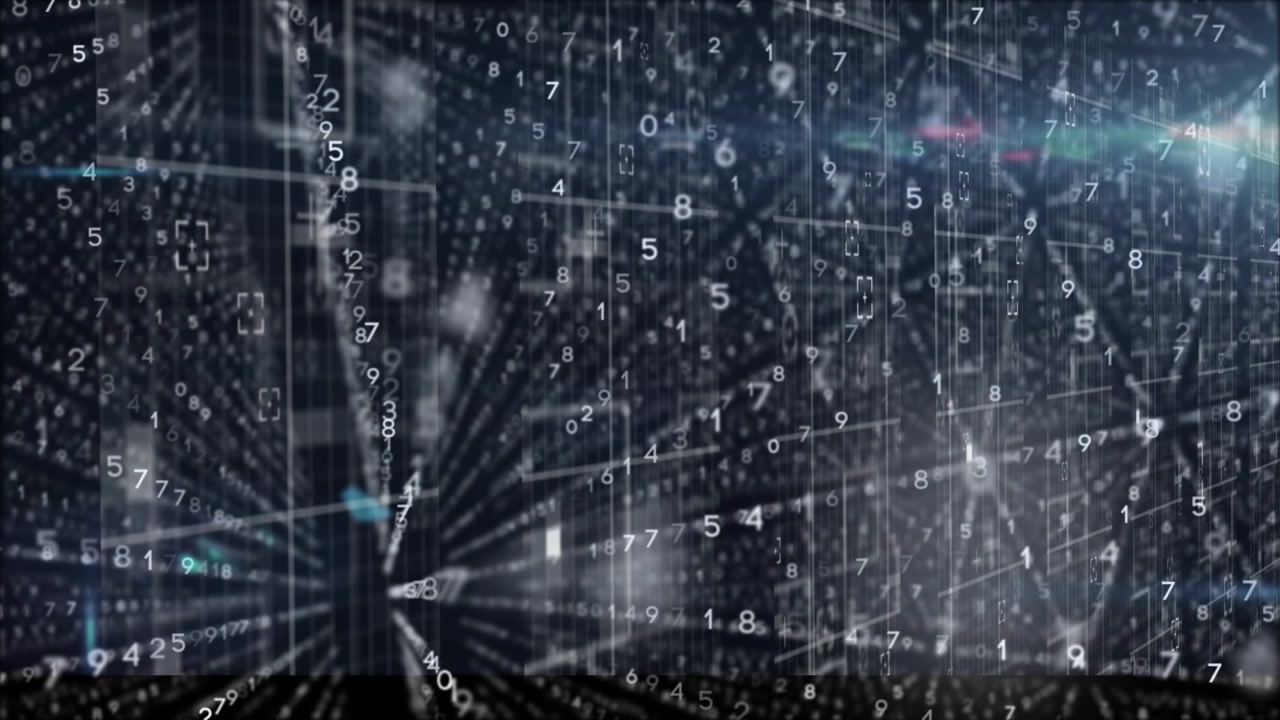 Animation of data processing and light trails over moving columns on black background
