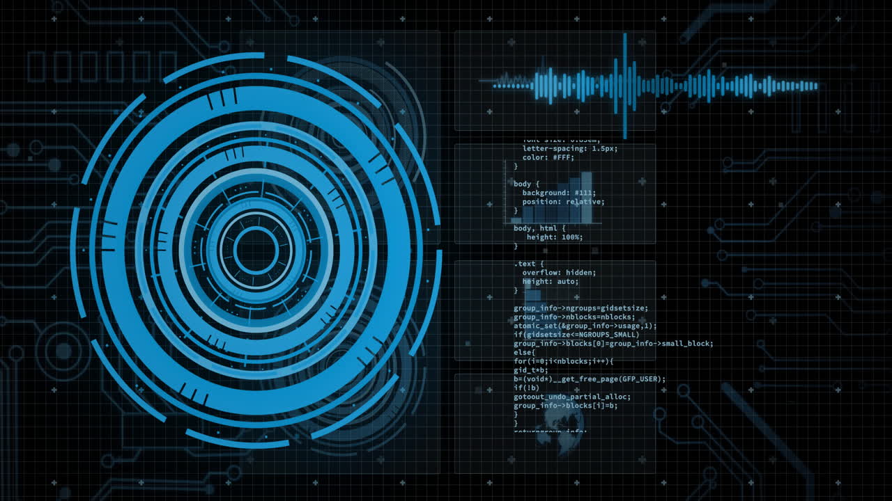 Animation of data processing with scope scanning on black background