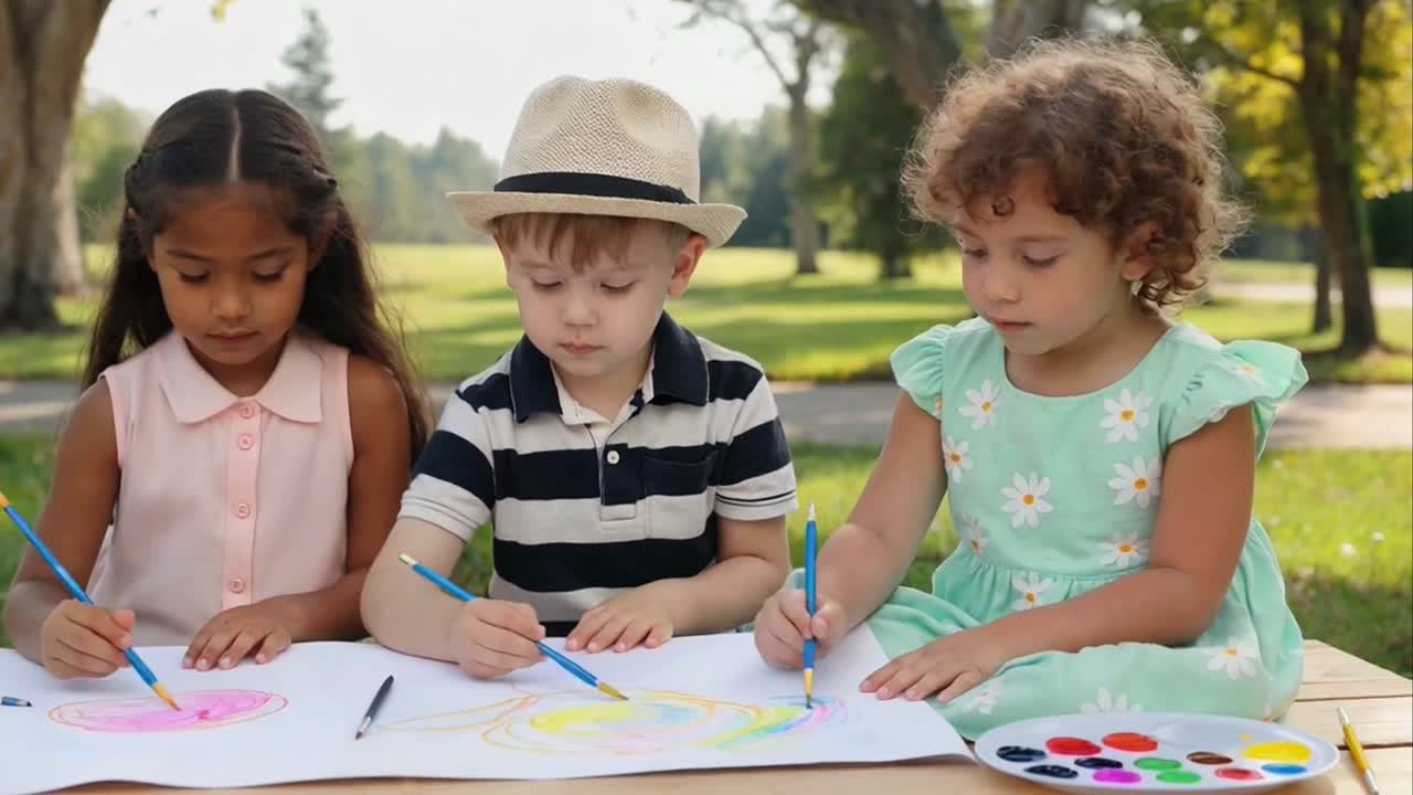 Three Children Painting Together Outdoors on Sunny Day