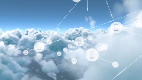 network of digital icons against clouds in the blue sky