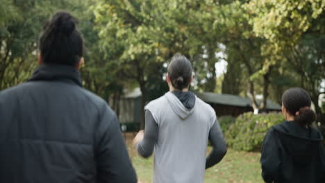 people, personal trainer and running in park