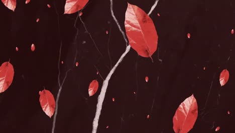 animation of red autumn leaves falling over lightning flashes in black sky