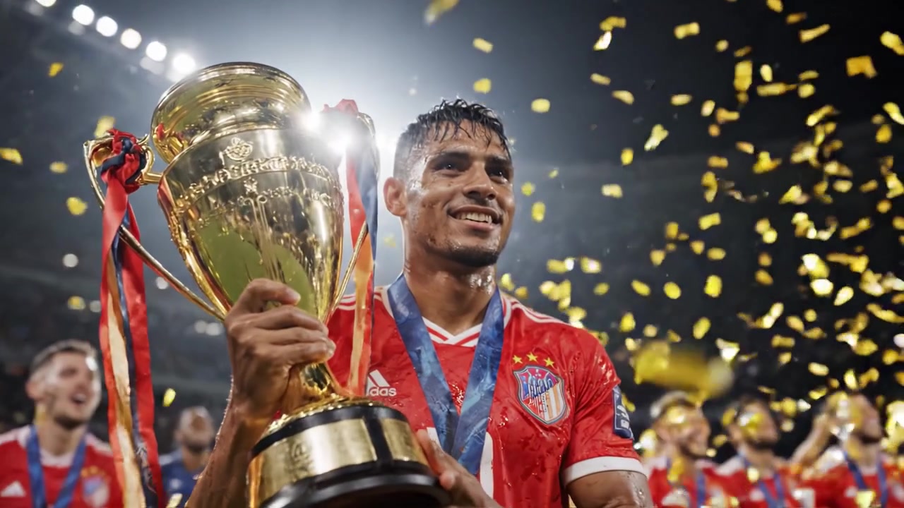 Celebração da Vitória: Atleta levanta troféu em um momento de triunfo, cercado por confetes alegres e companheiros de equipe após uma conquista esportiva significativa.