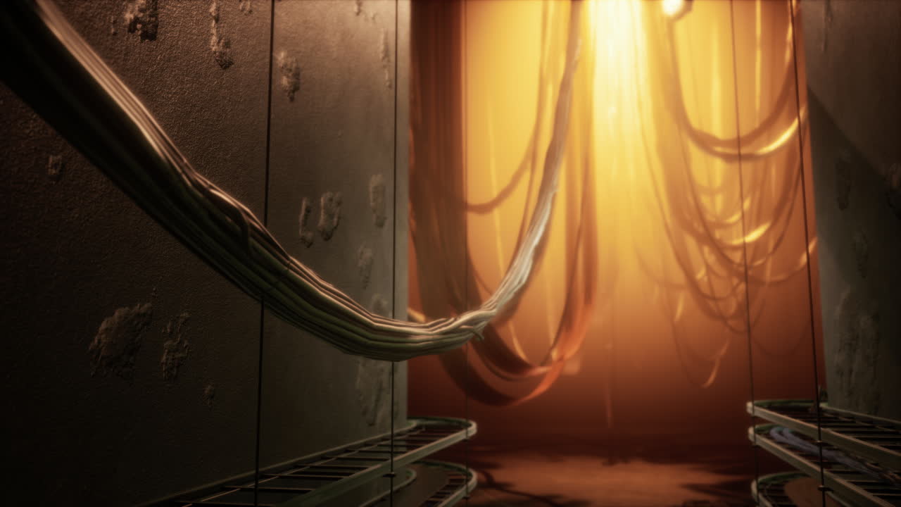 케이블이 힌 버려진 미래의 복도