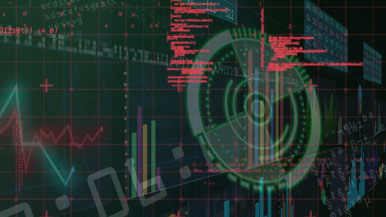 Digital data visualization with graphs and radar animation on dark background
