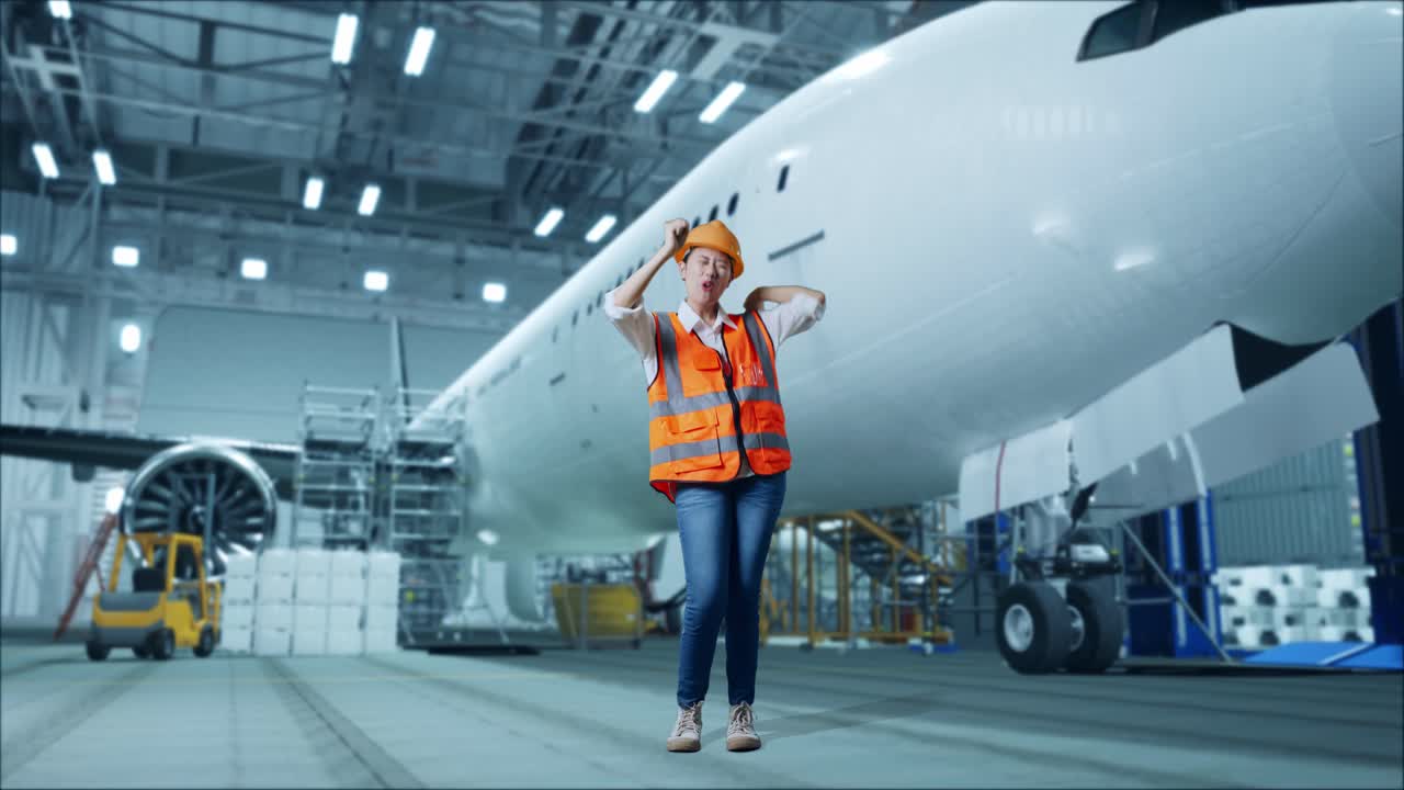 cuerpo lleno de ingeniera femenina asiática con casco de seguridad gritando gol y bailando celebrando mientras estaba de pie con aviones en el hangar