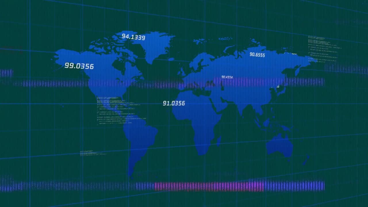 Animation of glitch technique and numbers over map and computer language on abstract background