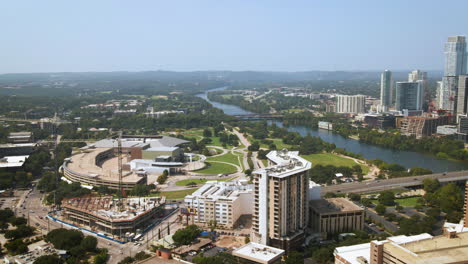 downtown aerial view austin texas south of lady bird lake, drone 4k