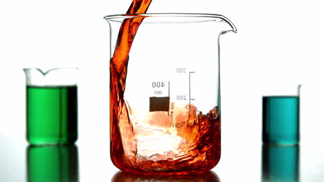 orange liquid pouring into beaker