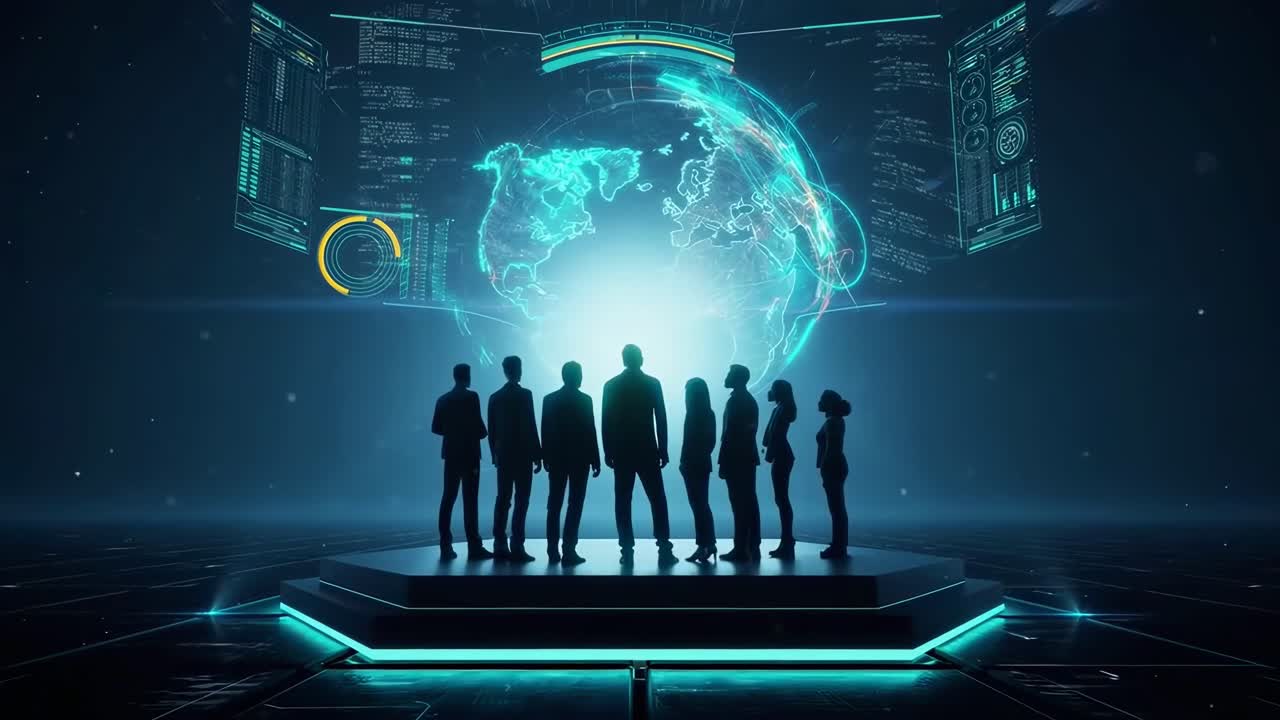 Futuristic video concept with a low-angle view of silhouettes facing a digital globe