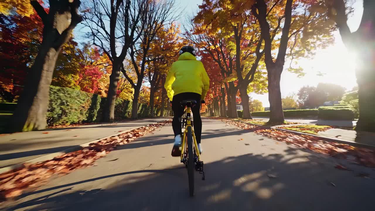 POV video of a cyclist in a yellow jacket riding through a tree-lined path in autumn