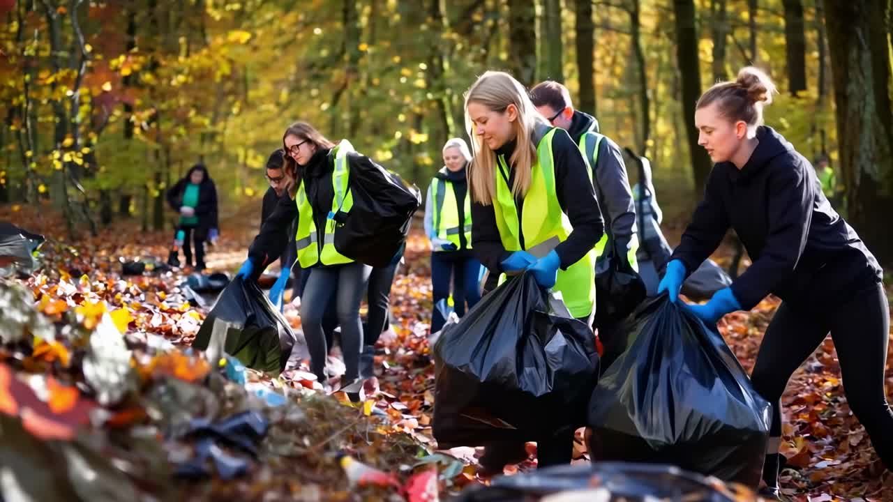 A group of volunteers collects trash in a forest, wearing gloves and vests