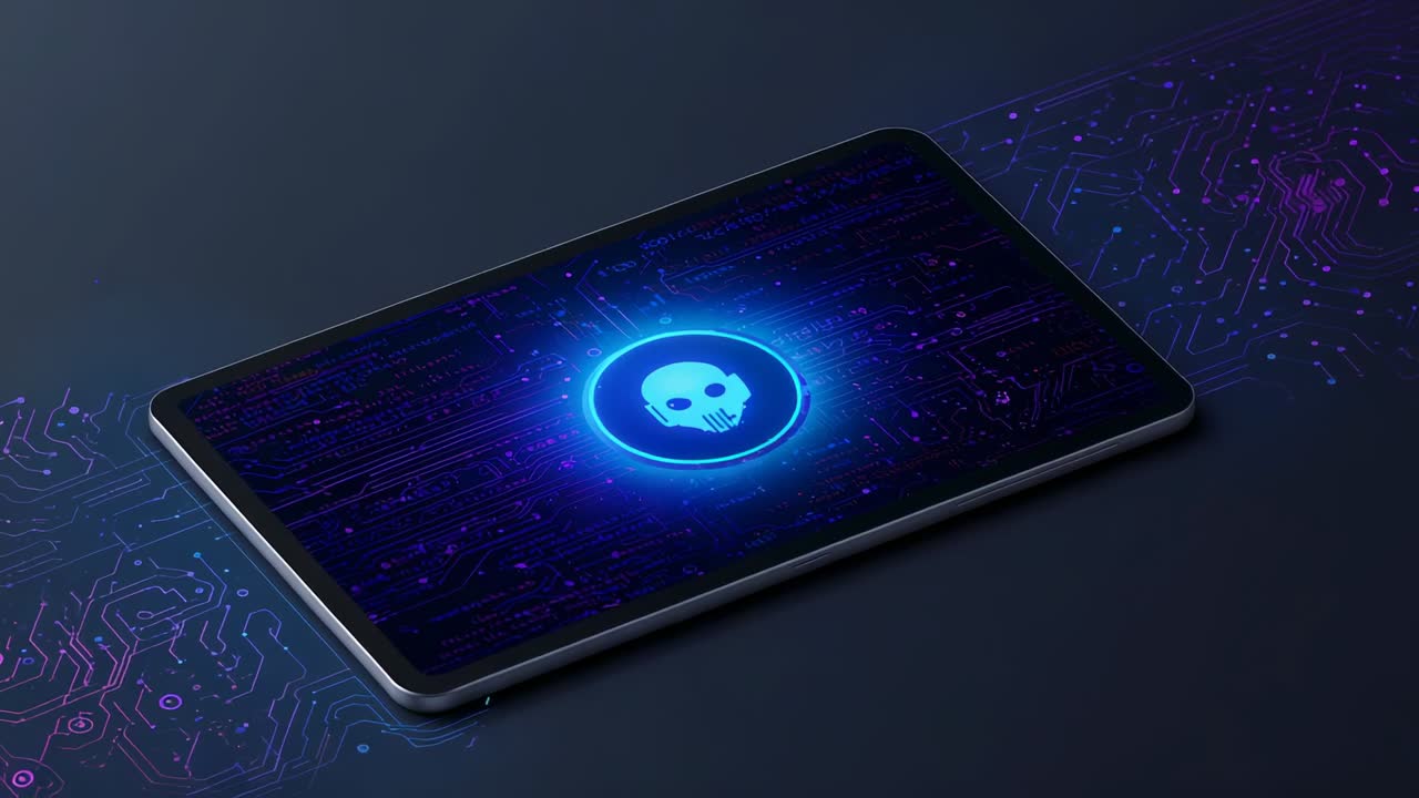 Appearing glowing skull icon activating pulsing halo on tablet display over neon circuit pattern