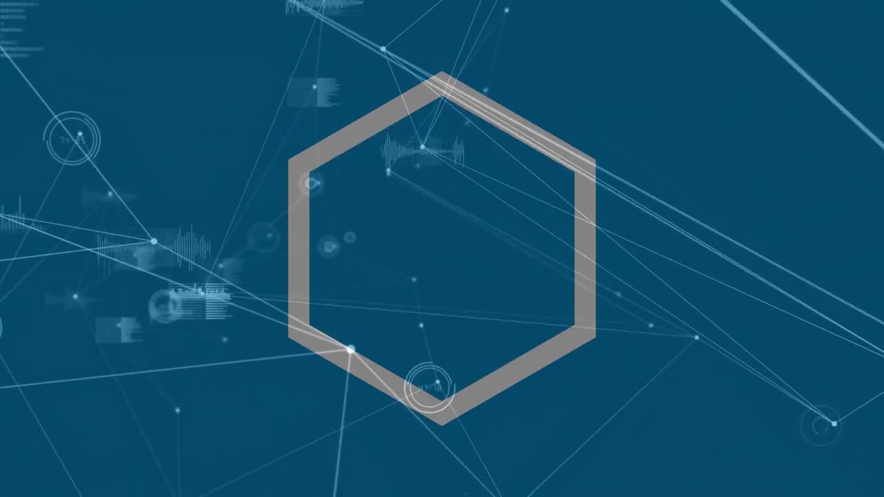 animación de hexágonos que giran sobre estadísticas y red de conexiones