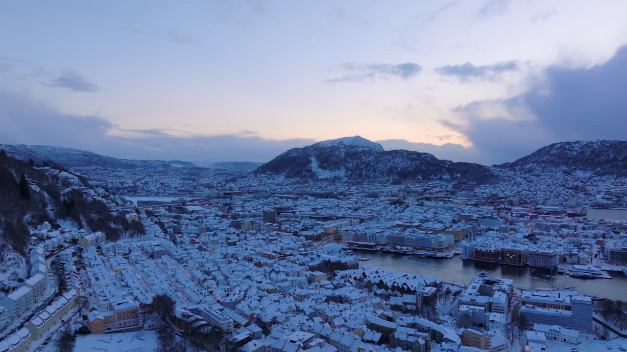 Downtown Bergen filled with snow on a beautiful winter day