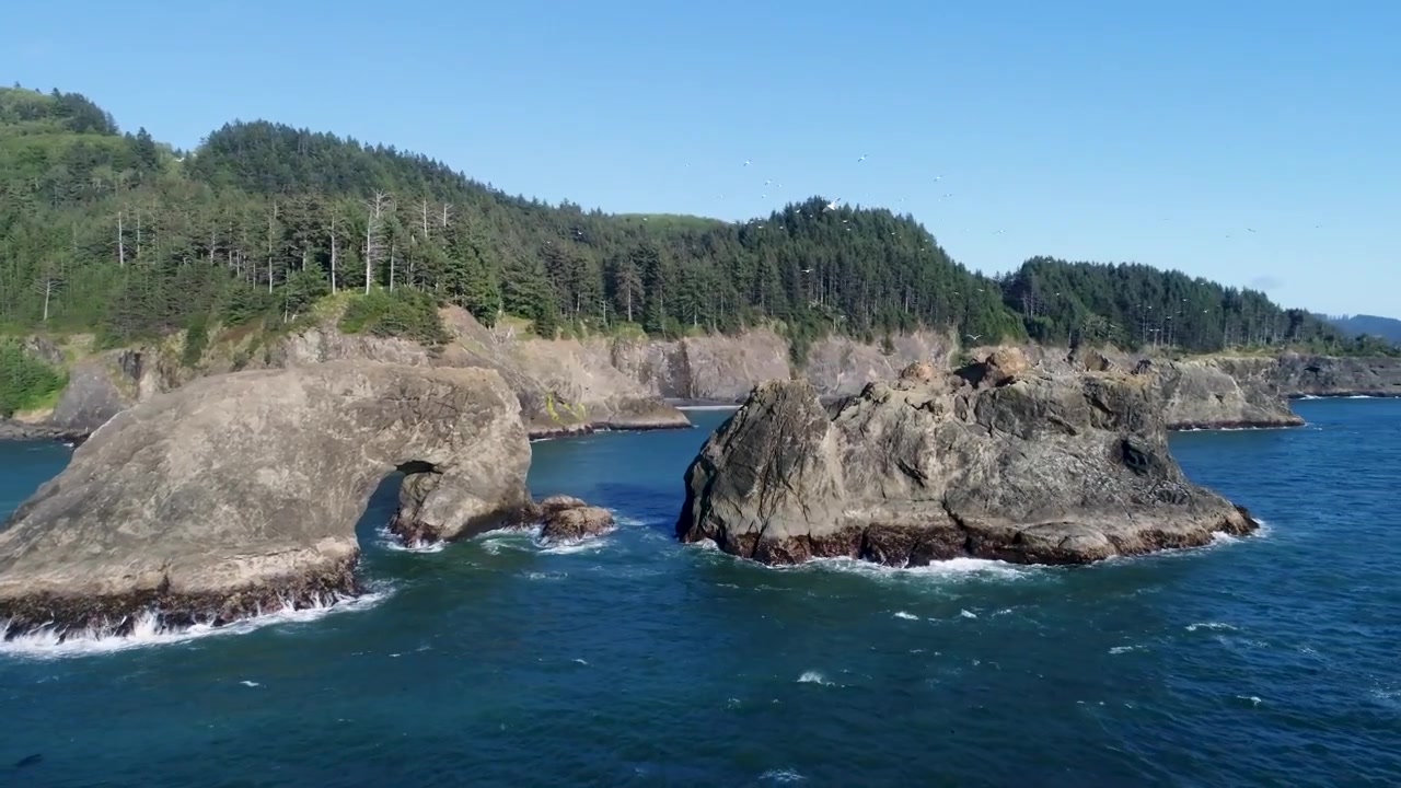 Una ripresa con drone che si muove a bassa quota sulle onde dell'oceano, allontanandosi da un arco naturale sul mare, conosciuto come 'Arch Rock', con gabbiani che volteggiano sopra, vicino a 'Natural Bridges' lungo la costa meridionale dell'Oregon