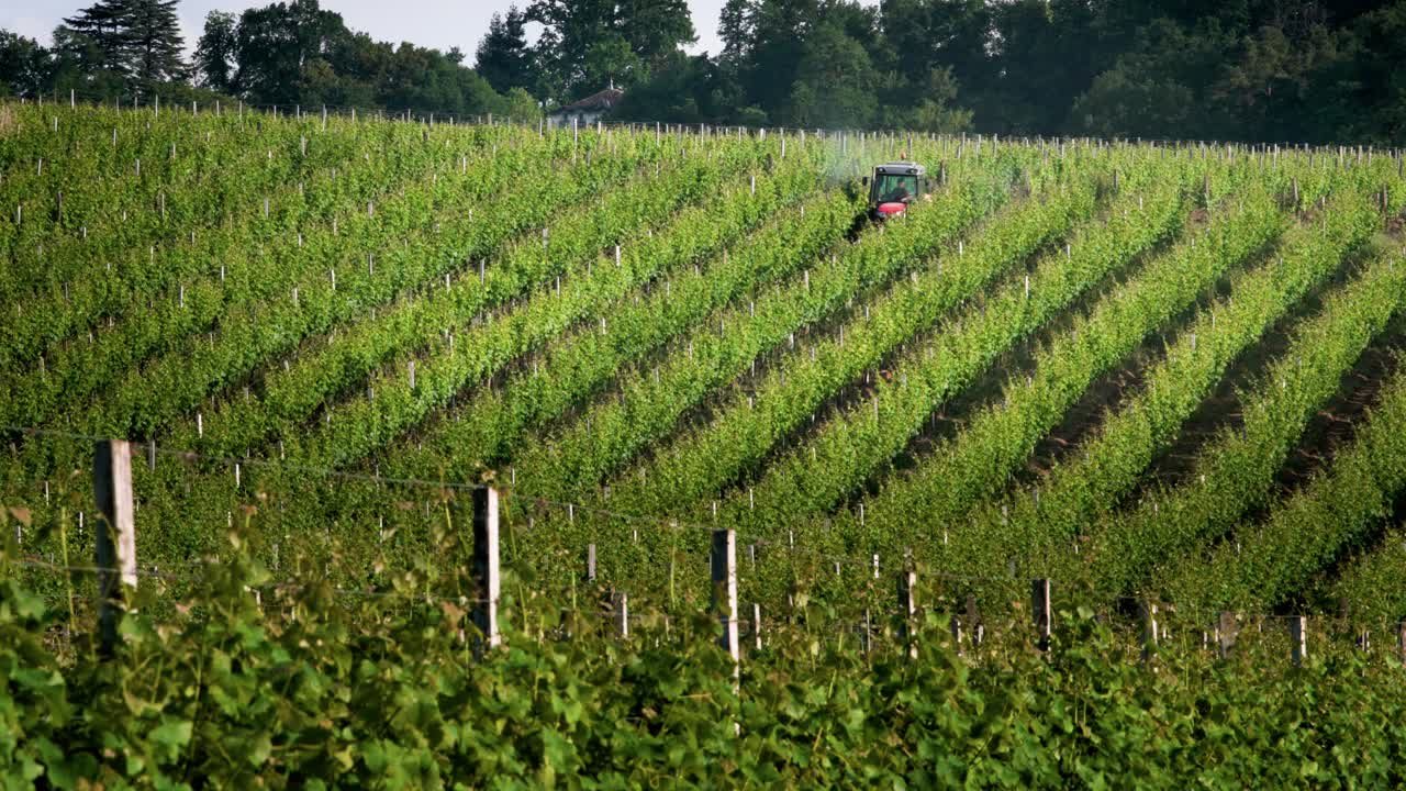 un tractor rociando fungicida contra insectos, en la región de monbazillac de la dordogne