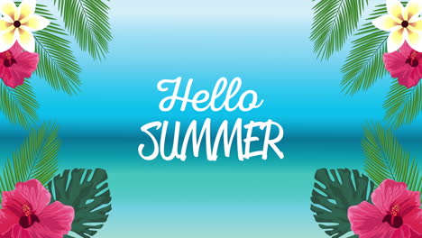 poster de vacaciones de verano con letras en flores y hojas tropicales