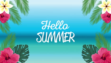 hello summer holiday poster with lettering in tropical flowers and leafs