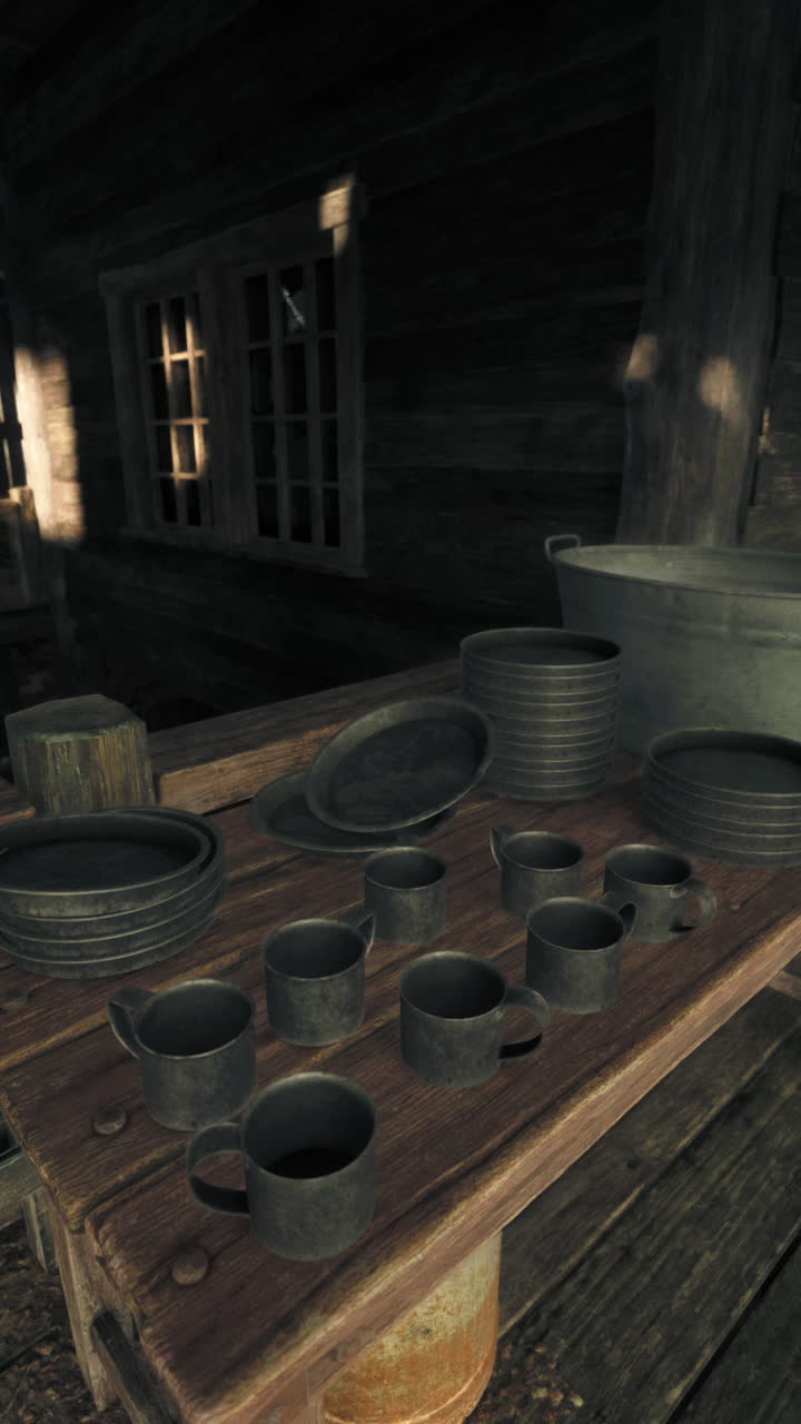 금속 컵과 접시를 가진 시골의 시골 주방