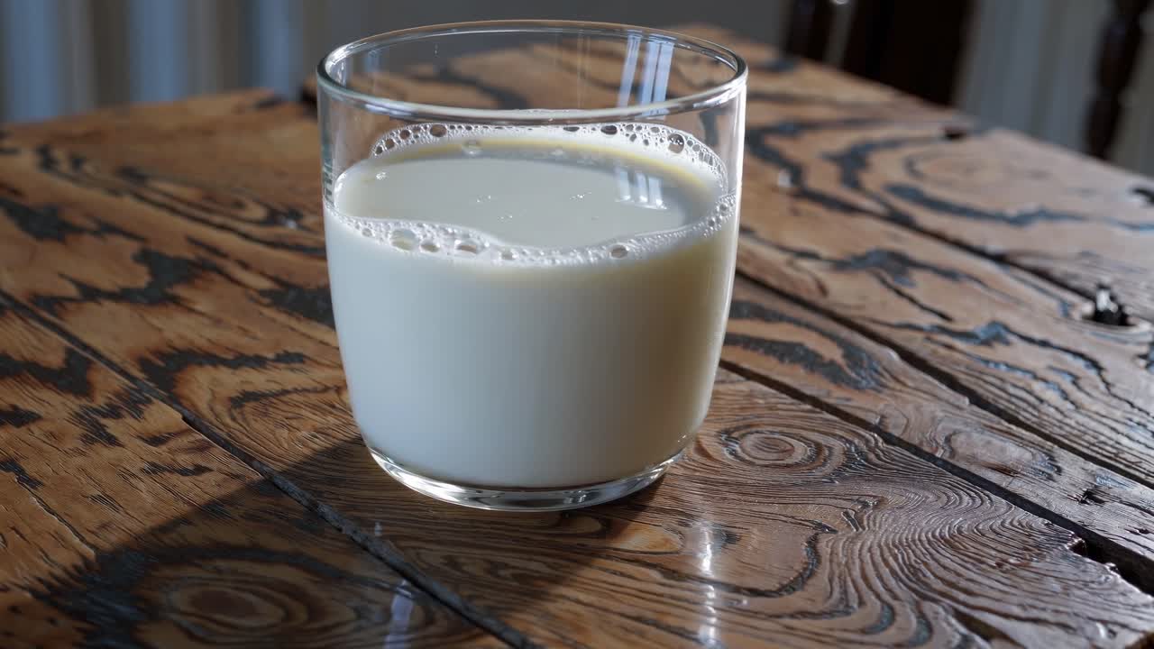 A close-up, eye-level shot of a glass of milk on a rustic wooden table, capturing natural light