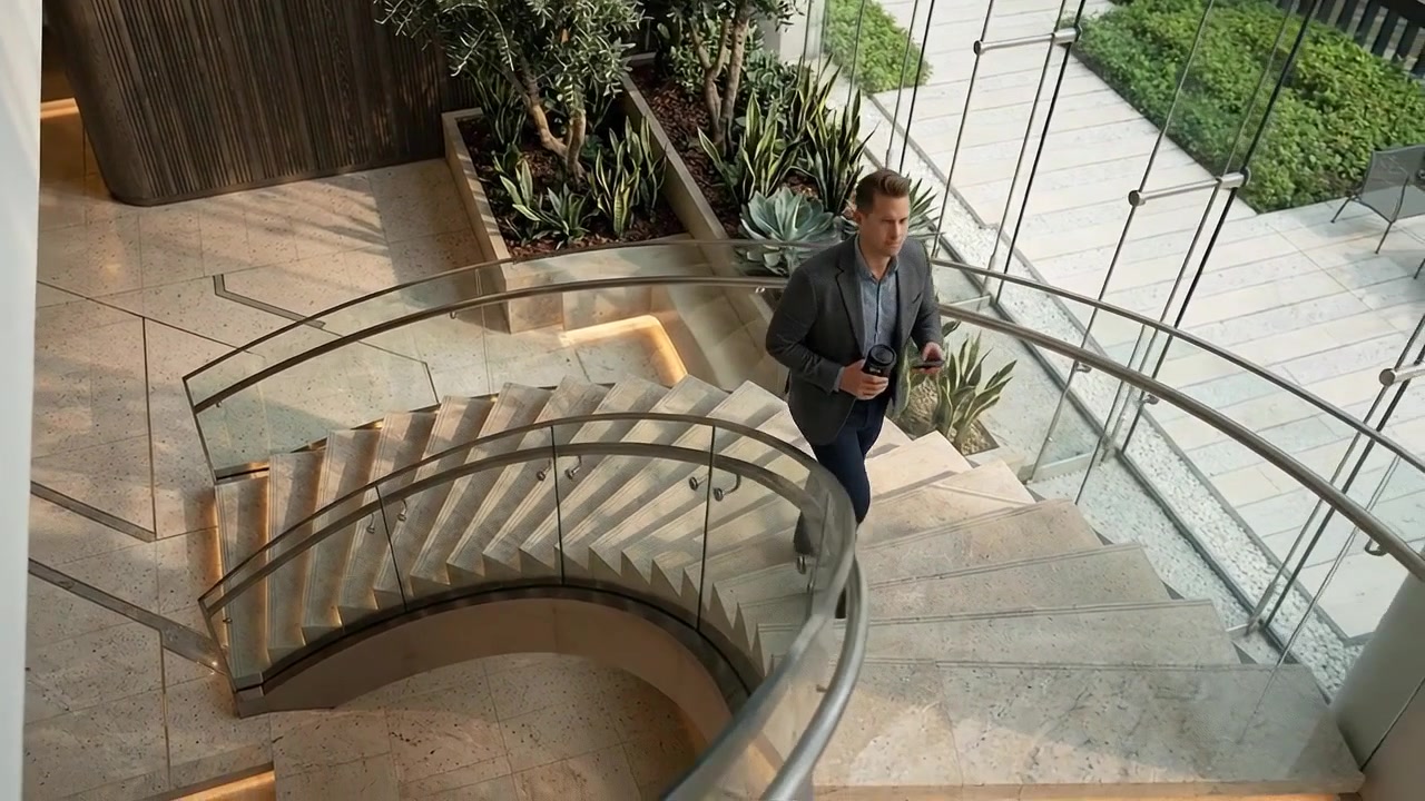 Professional Walking Through Modern Office Atrium and Corporate Interior