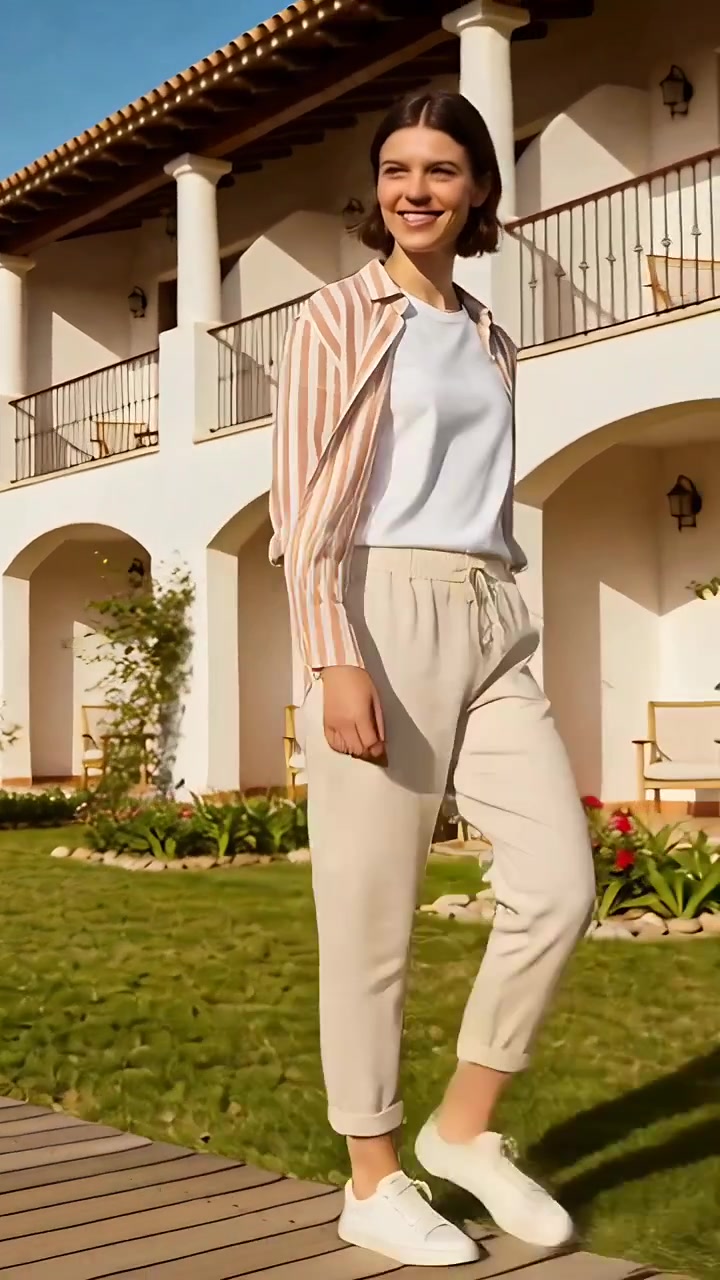 Video verticale: Scendendo dalla terrazza, una donna cammina attraverso il cortile di una casa in stucco, indossando una maglietta a righe.