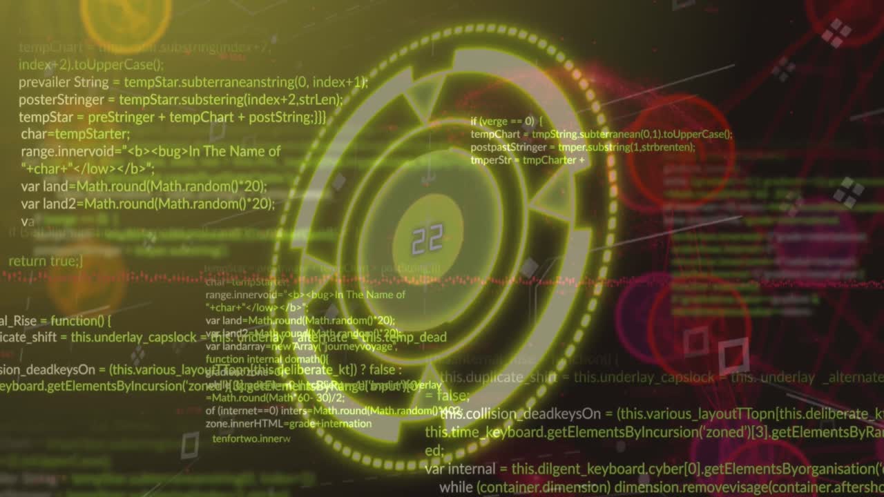 Animation of data processing and network of digital icons against neon yellow round scanner