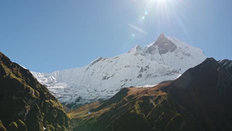 climate change in snowcapped mountains, sun shining and melting snow showing climate change, sunny sunshine on mountains with snow melting in the sun showing planet warming