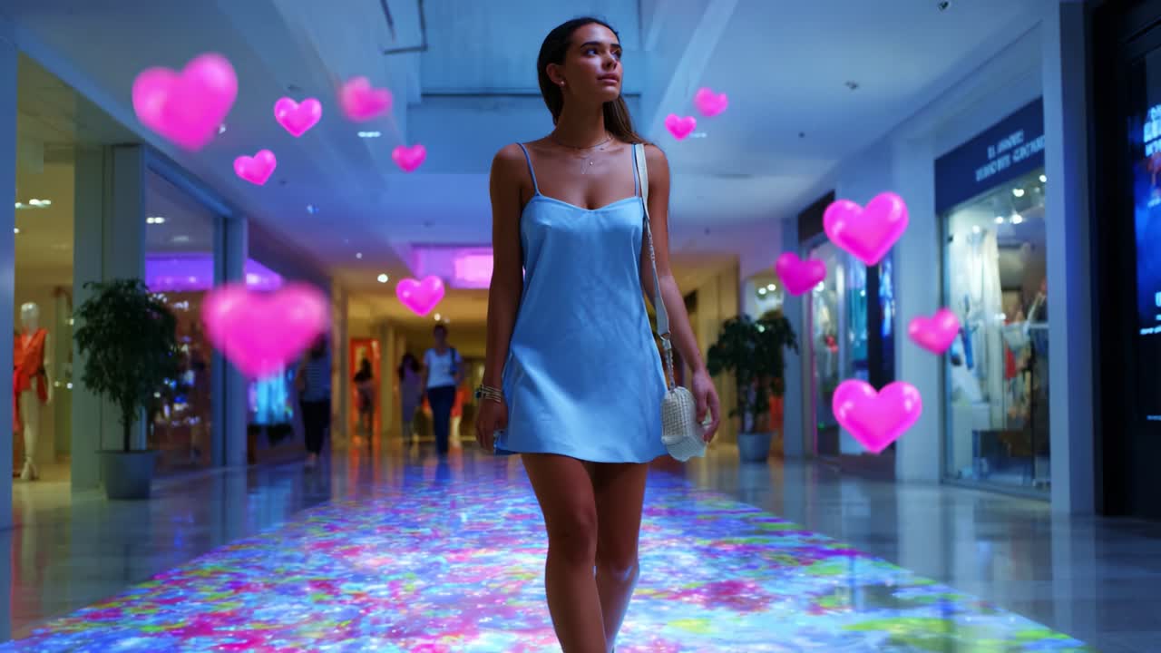 A young woman in a light blue dress strolls through a vibrant shopping mall adorned with colorful projections and floating heart shapes, encapsulating a whimsical and romantic atmosphere