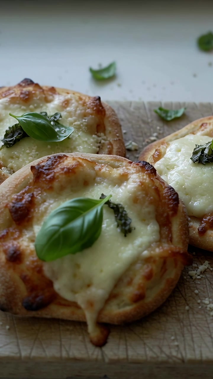 Video verticale: Preparazione di 3 mini toast al formaggio con aggiunta di basilico, formaggio visto dall'alto su un tagliere di legno