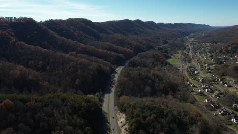 Aerial-View-of-Highway-Traffic-on-US-Route-by-Gate-City,-Virginia-USA-on-Sunny-Autumn-Day,-Drone-Shot