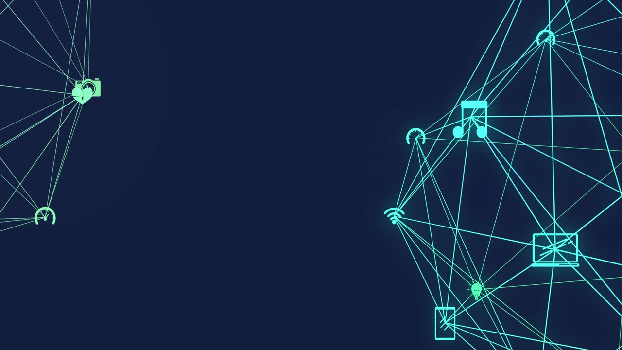 Animation of two globes of network connections with multimedia icons