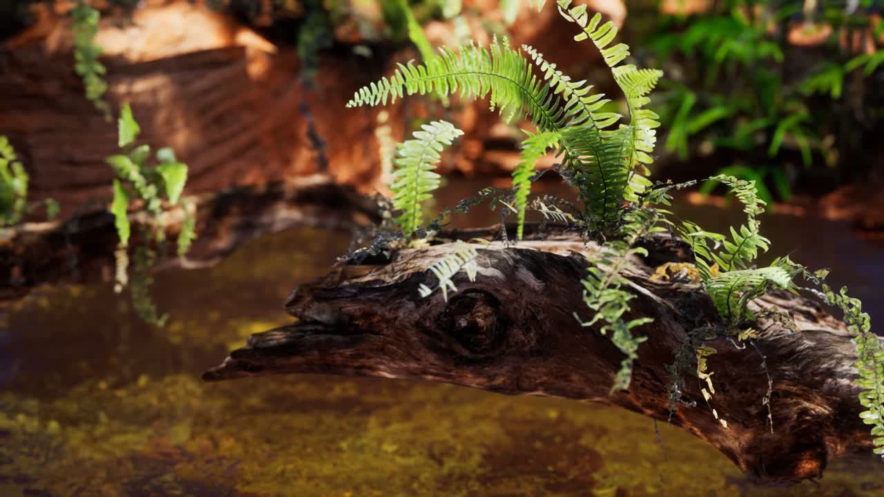 un étang doré tropical avec des roches et des plantes vertes