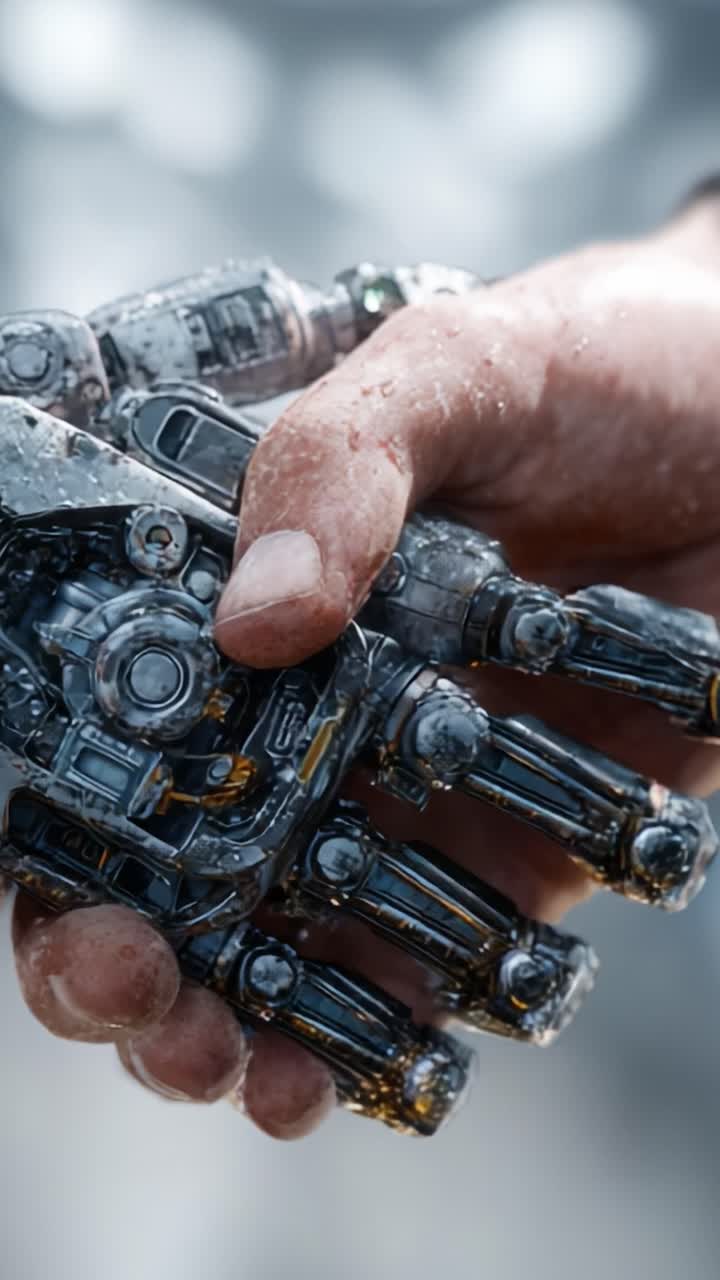 Primo piano di una mano robotica tecnologicamente avanzata tenuta da un essere umano, che mette in mostra l'intersezione tra il tocco umano e la tecnologia futuristica in un contesto che va oltre l'immaginazione