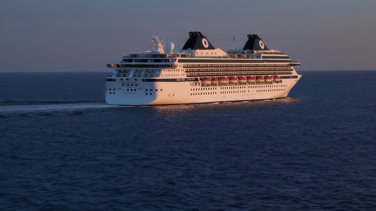 해가 지면 바다에서 항해 하는 크루즈 선박