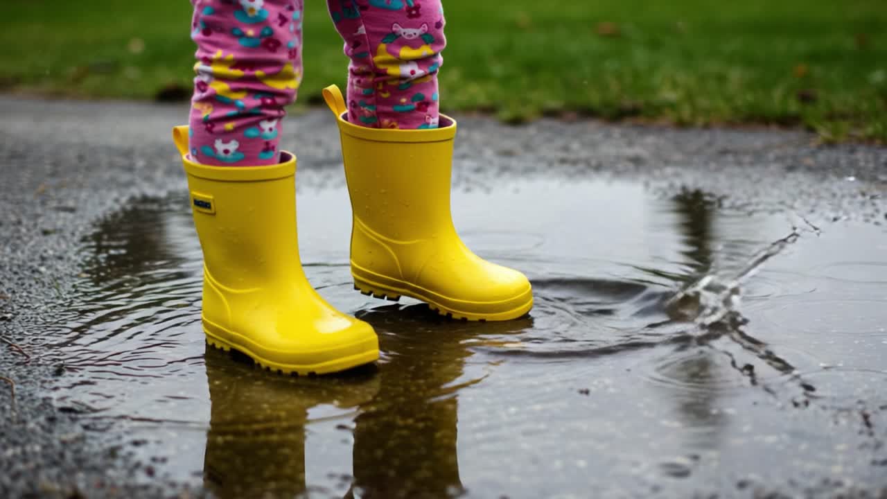 A Child Joyfully Splashing in Puddles Wearing Bright Yellow Rain Boots, Embracing the Fun of a Rainy Day in Colorful Pajamas