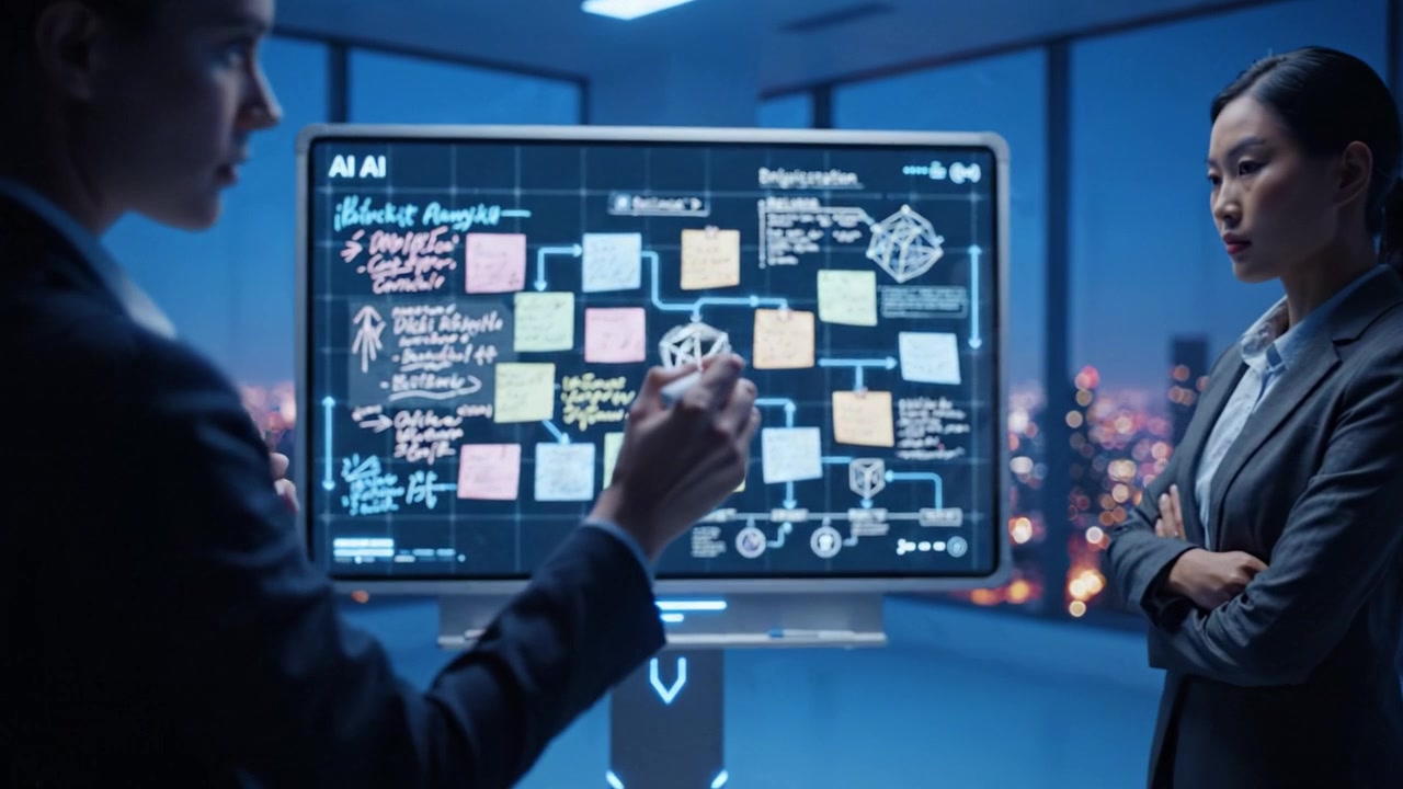 A Professional Meeting at Night: Discussing Innovative Ideas and Strategies with Visual Aids on a High-Tech Digital Screen in a Cityscape Office