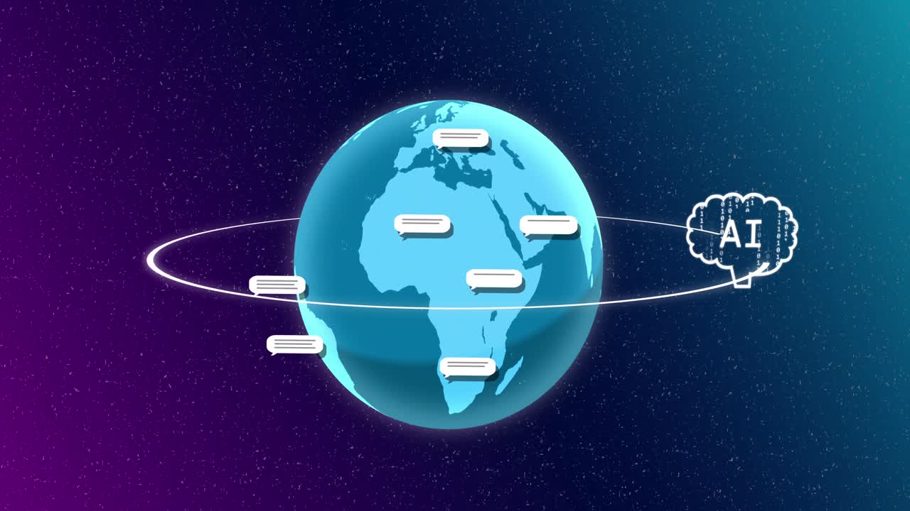 Animation of speech bubbles and brain with ai text over globe