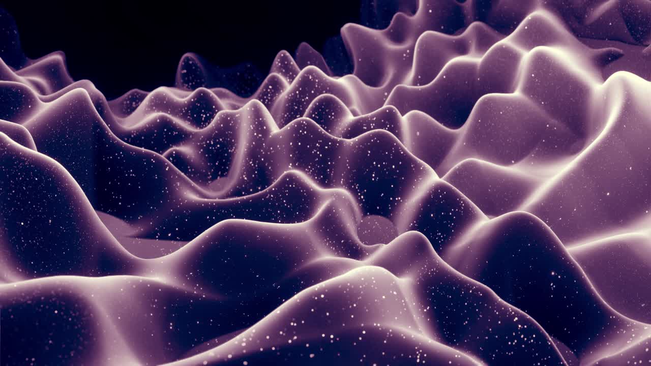 Abstract waves of soft black matte material with light inner glow and glitters on morphing surface. Abstract geometric surface like landscape or terrain, extrude or displace 3d noise. Loop 4k